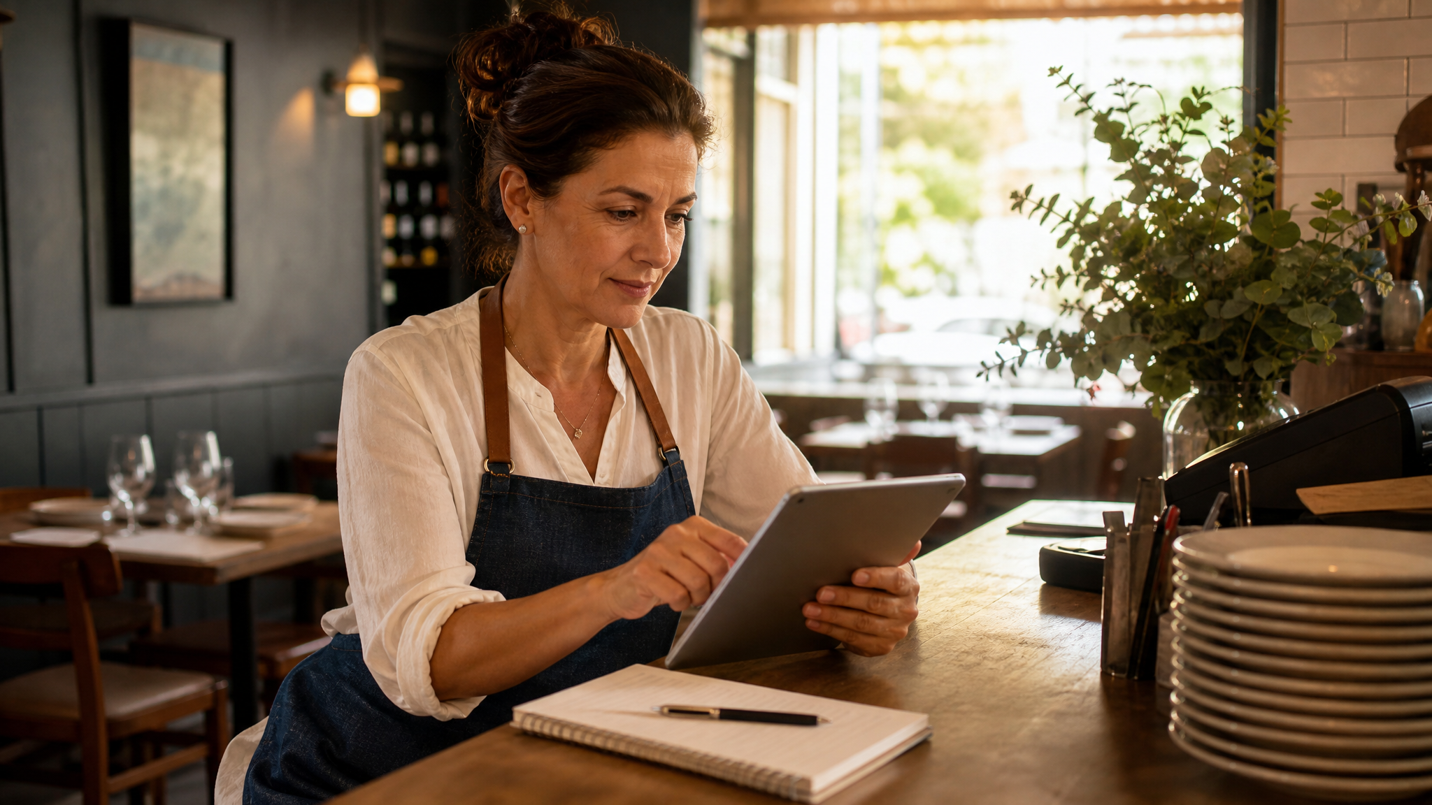 Encargada de restaurante revisando reservas en una tablet con una operativa más clara