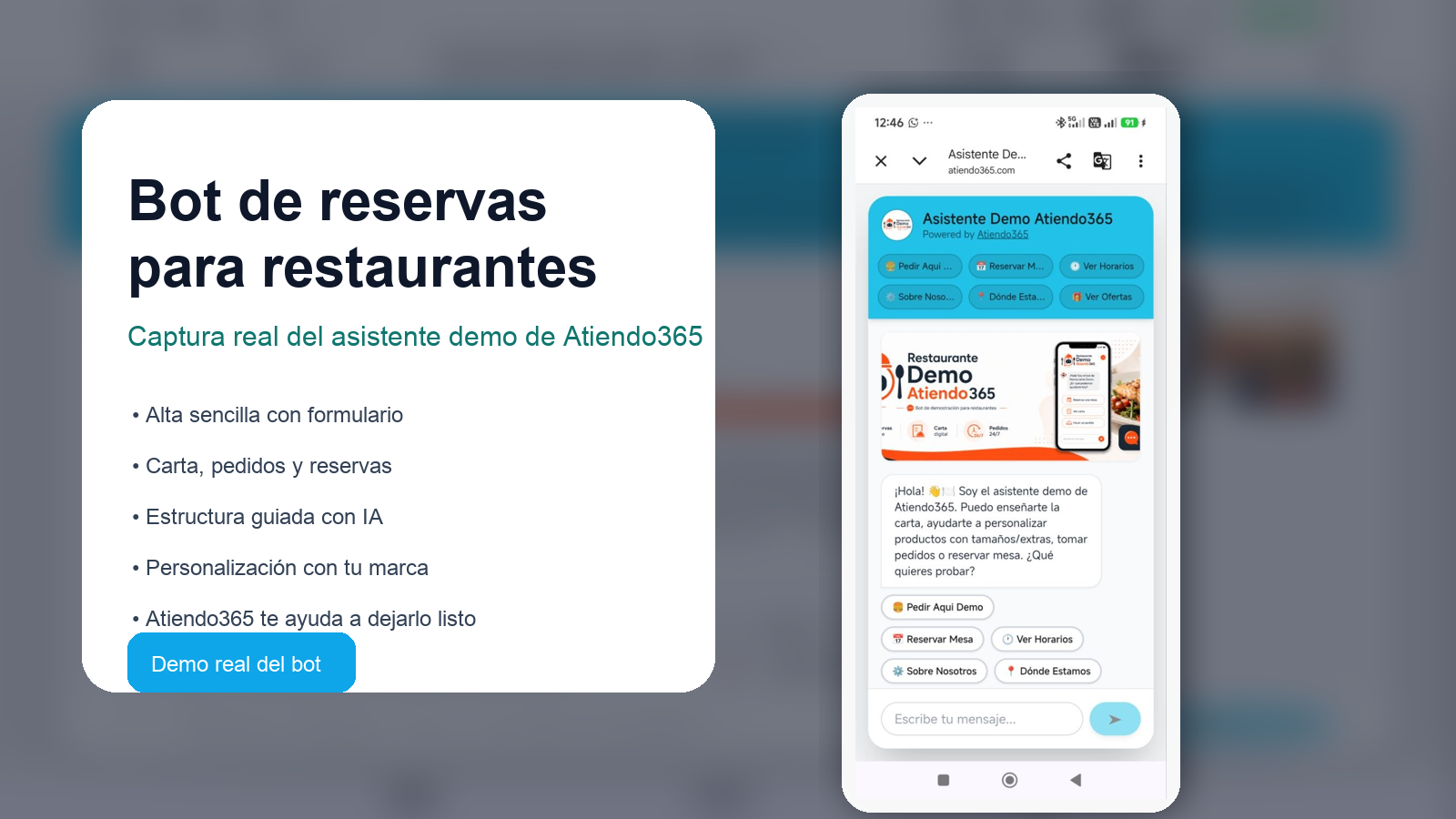 Captura real del asistente demo de Atiendo365 para restaurantes, con botones de pedir, reservar mesa, ver horarios y opciones del negocio