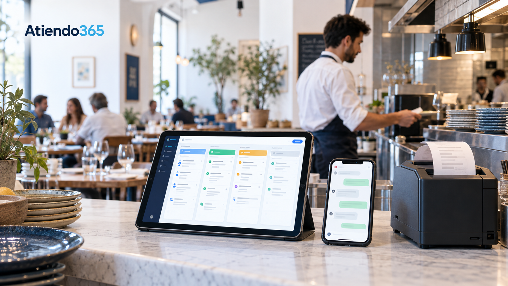 Imagen generada con IA: tablet con pedidos organizados, teléfono móvil y tickets impresos en la barra de un restaurante