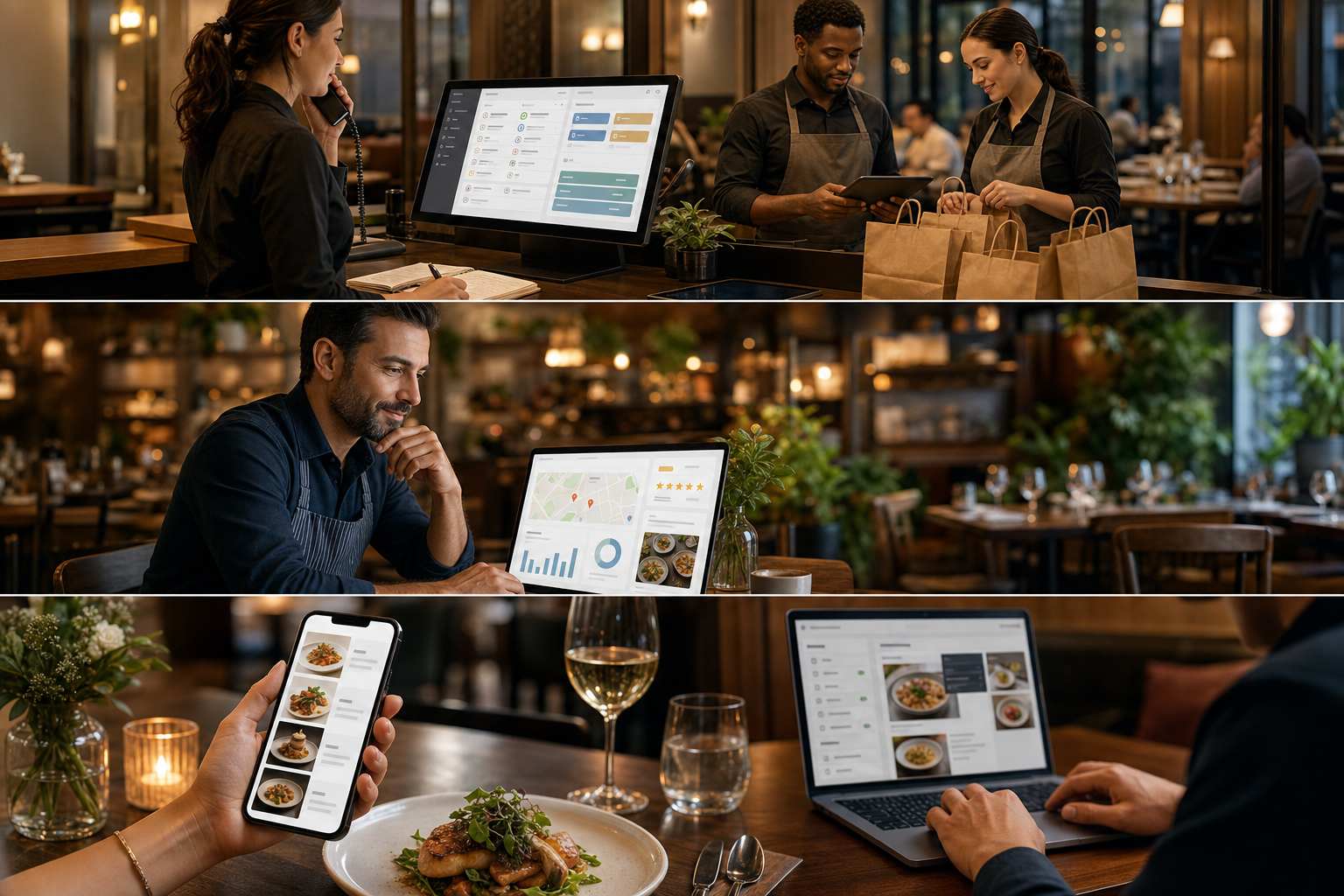 Dueño de restaurante mejorando su visibilidad online desde un entorno digital