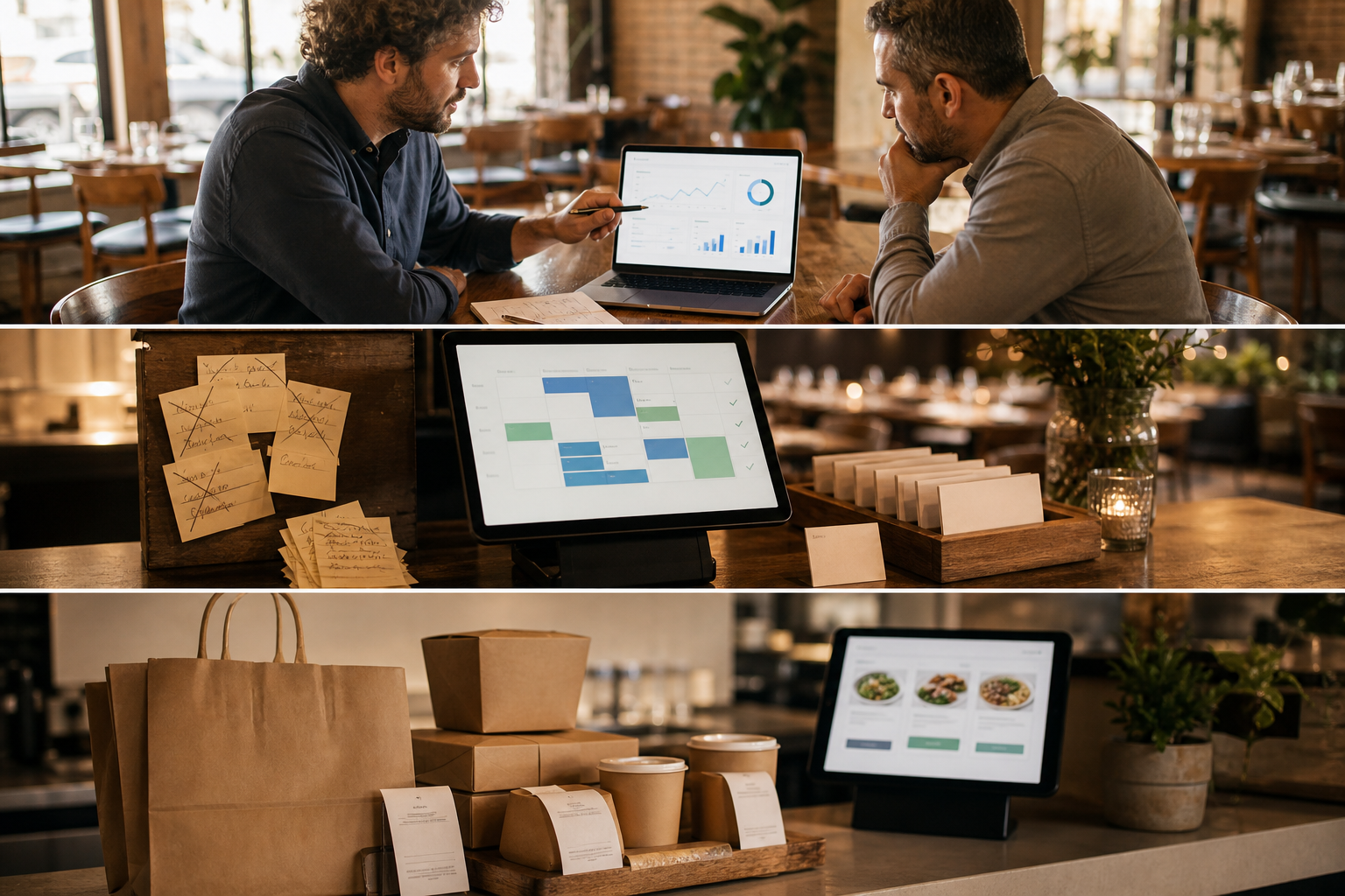 Asesor recomendando software útil a un restaurante en una reunión profesional