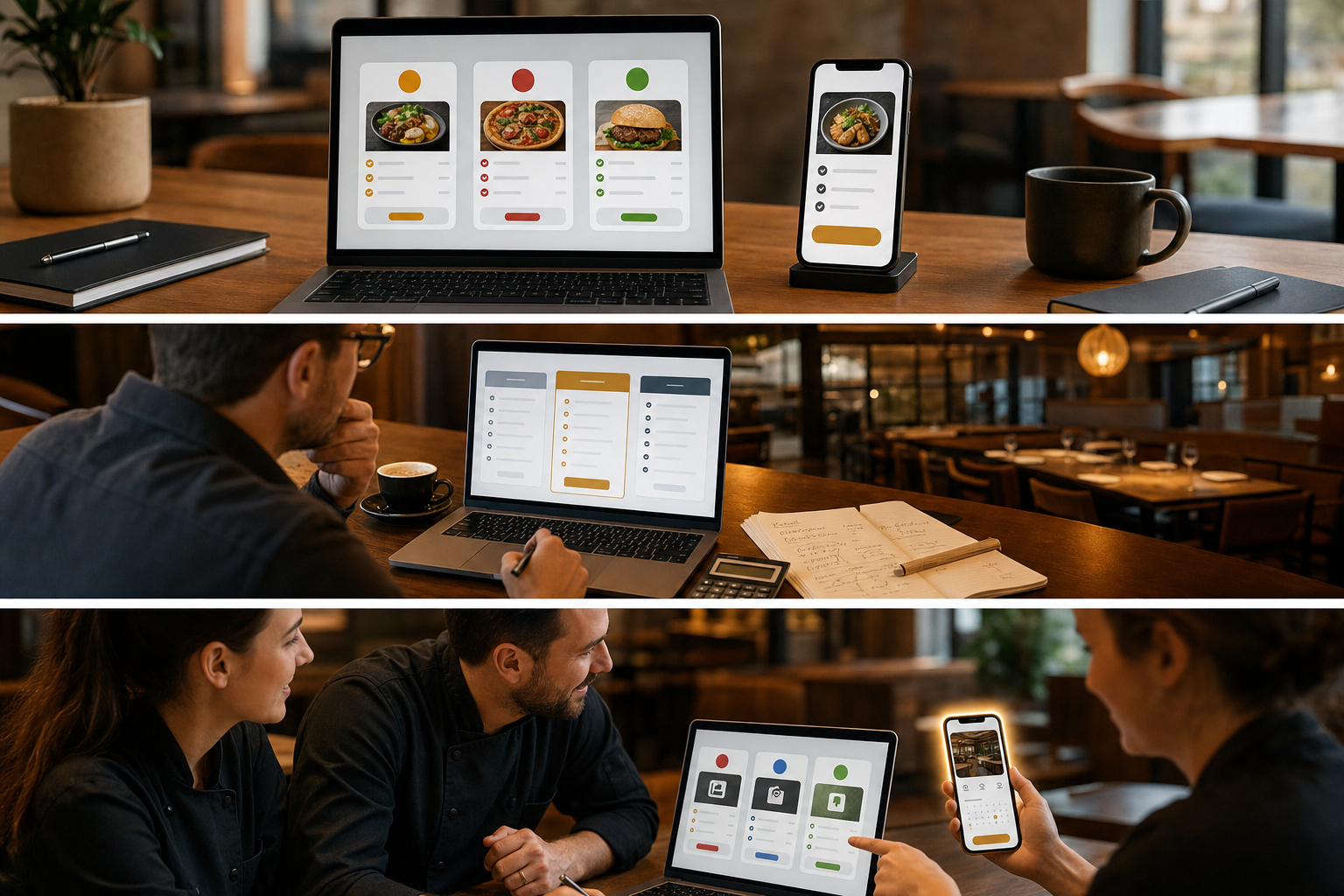Propietario de restaurante revisando el precio y valor de una página web