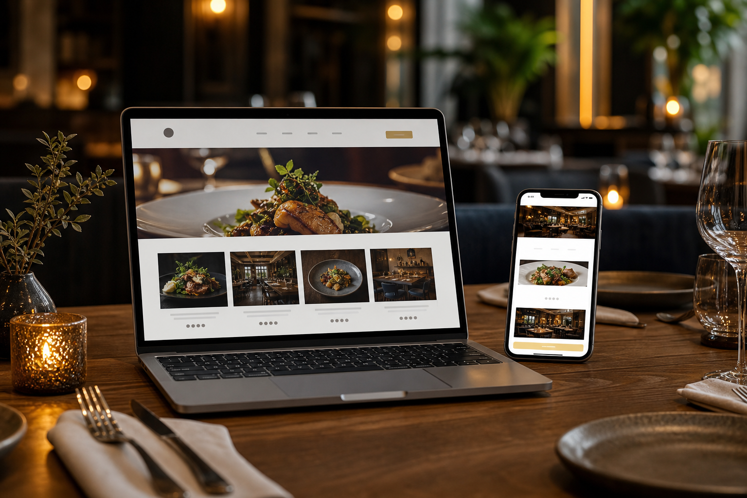 Portátil y móvil con una web de restaurante optimizada para convertir, sin elementos humanos